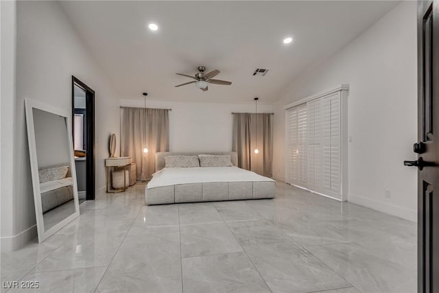 825 Royal Moon Ave, Las Vegas, NV 89123 - bedroom with vaulted ceiling, light marble finish floors, recessed lighting, and ceiling fan