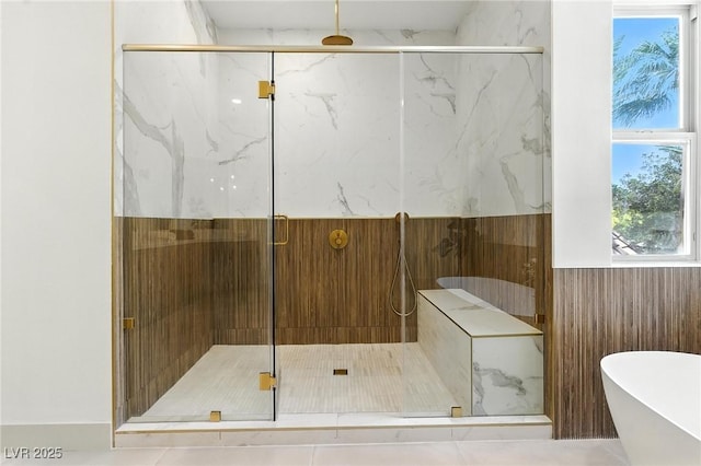 9408 Players Canyon Ct, Las Vegas, NV 89144 - bathroom with a marble finish shower and a freestanding bath