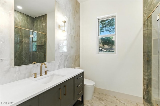 9408 Players Canyon Ct, Las Vegas, NV 89144 - full bathroom featuring vanity, tile walls, a stall shower, and marble look tile flooring