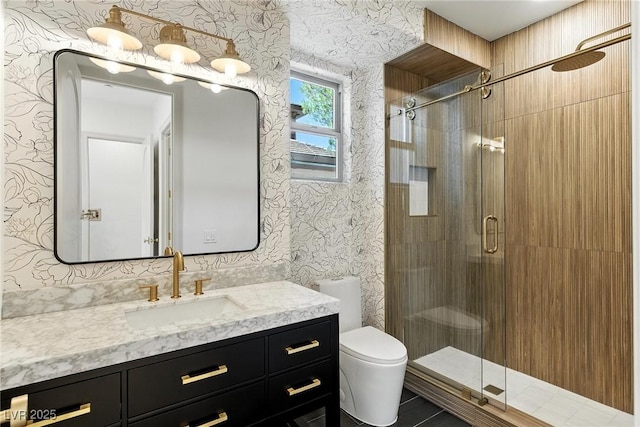 9408 Players Canyon Ct, Las Vegas, NV 89144 - full bathroom featuring wallpapered walls, vanity, and a stall shower