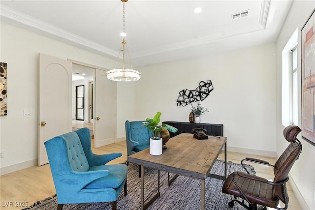 9408 Players Canyon Ct, Las Vegas, NV 89144 - office featuring light wood finished floors, ornamental molding, a raised ceiling, and recessed lighting