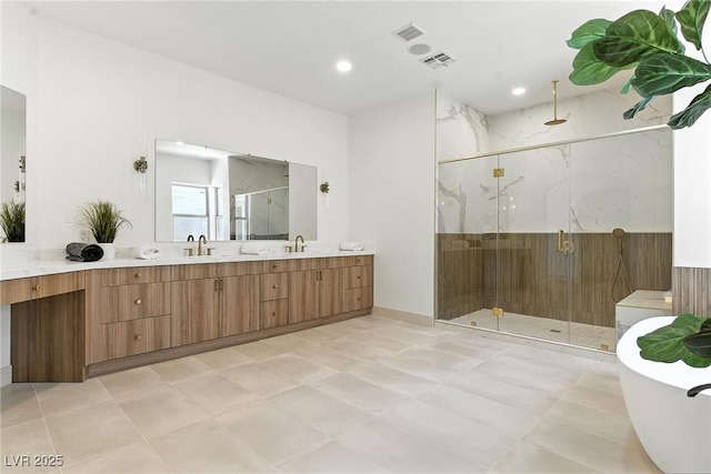 9408 Players Canyon Ct, Las Vegas, NV 89144 - bathroom with a marble finish shower, double vanity, a soaking tub, and recessed lighting