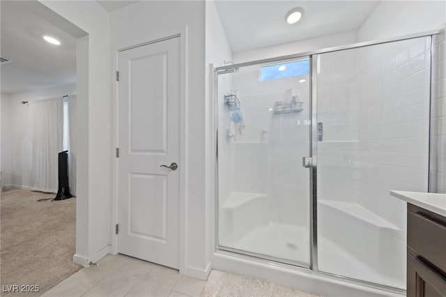 2732 Roman Palm Rd, North Las Vegas, NV 89086 - full bathroom featuring a shower stall, plenty of natural light, vanity, tile patterned floors, and recessed lighting