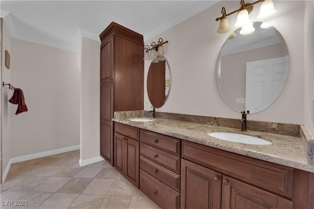 3753 Meadowcrest Dr, Las Vegas, NV 89121 - full bathroom with double vanity, ornamental molding, and a chandelier