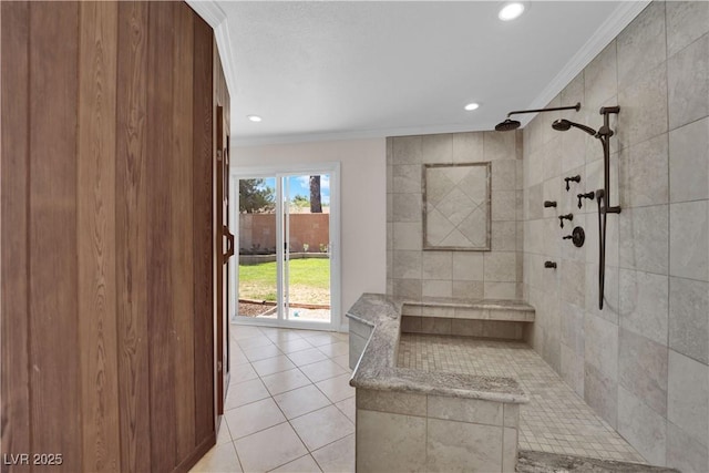 3753 Meadowcrest Dr, Las Vegas, NV 89121 - bathroom with ornamental molding, tiled shower, tile patterned flooring, and recessed lighting