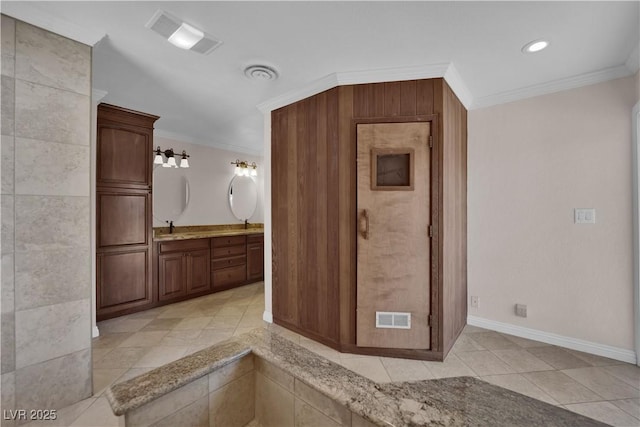 3753 Meadowcrest Dr, Las Vegas, NV 89121 - full bath with crown molding, vanity, tile patterned flooring, and recessed lighting