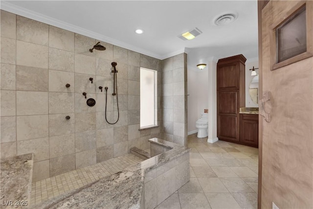3753 Meadowcrest Dr, Las Vegas, NV 89121 - full bathroom with crown molding, vanity, a walk in shower, tile patterned flooring, and recessed lighting