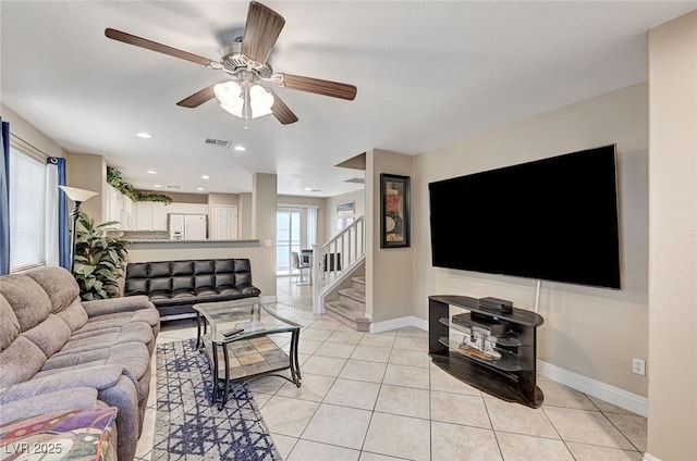 967 Coronado Peak Ave, Las Vegas, NV 89183 - living area featuring ceiling fan, light tile patterned flooring, stairway, and recessed lighting