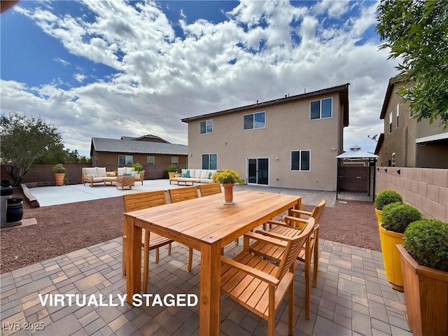 9604 Vital Crest St, Las Vegas, NV 89123 - fenced backyard with an outdoor living space, a patio area, outdoor dining area, and a gazebo