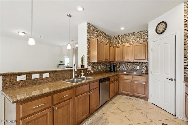 9004 Harbor Wind Ave, Las Vegas, NV 89178 - kitchen featuring stainless steel dishwasher, light tile patterned floors, a peninsula, brown cabinetry, and recessed lighting