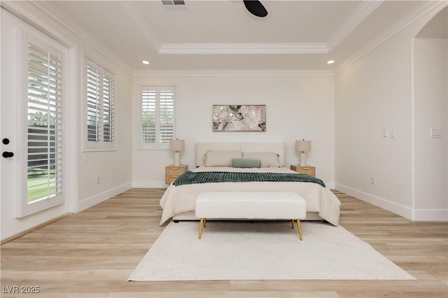 4493 Rometta Ave, Las Vegas, NV 89141 - bedroom featuring light wood finished floors, a raised ceiling, crown molding, and recessed lighting