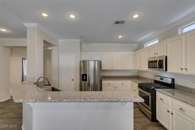 1453 Doggett Ave, Las Vegas, NV 89123 - kitchen featuring appliances with stainless steel finishes, dark wood-style flooring, crown molding, light stone countertops, and a peninsula