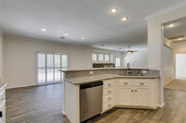 1453 Doggett Ave, Las Vegas, NV 89123 - kitchen featuring dishwasher, open floor plan, ornamental molding, dark wood-type flooring, and a ceiling fan