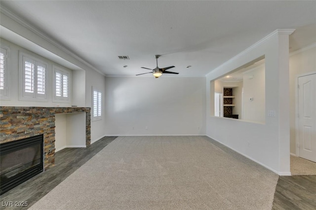 1453 Doggett Ave, Las Vegas, NV 89123 - unfurnished living room with crown molding, ceiling fan, a fireplace, and wood finished floors