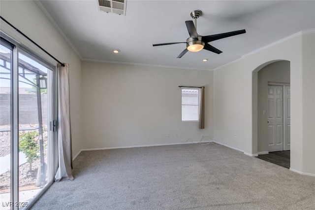 1453 Doggett Ave, Las Vegas, NV 89123 - spare room with carpet floors, crown molding, arched walkways, ceiling fan, and recessed lighting