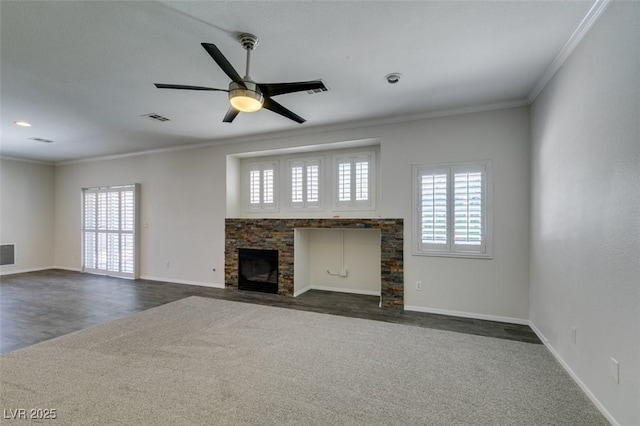 1453 Doggett Ave, Las Vegas, NV 89123 - unfurnished living room featuring a fireplace, plenty of natural light, crown molding, and a ceiling fan