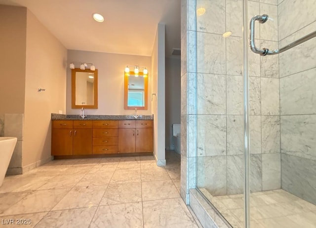 4525 Dean Martin Dr Unit 2704, Las Vegas, NV 89103 - bathroom with a shower stall, double vanity, recessed lighting, and a soaking tub