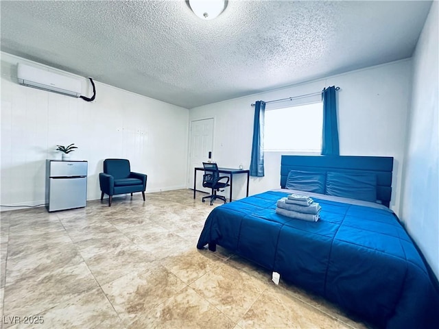 5821 Marka Dr, Las Vegas, NV 89108 - bedroom with freestanding refrigerator, an AC wall unit, and a textured ceiling