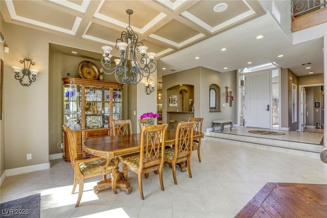 2008 Winter Wind St, Las Vegas, NV 89134 - dining area with coffered ceiling, a chandelier, light tile patterned floors, beamed ceiling, and recessed lighting