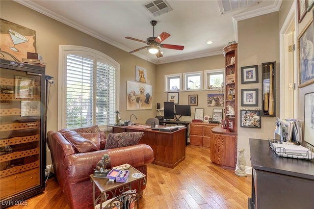 2008 Winter Wind St, Las Vegas, NV 89134 - home office featuring a ceiling fan, light wood-type flooring, crown molding, and recessed lighting