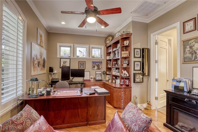 2008 Winter Wind St, Las Vegas, NV 89134 - office area with light wood finished floors, ceiling fan, and crown molding