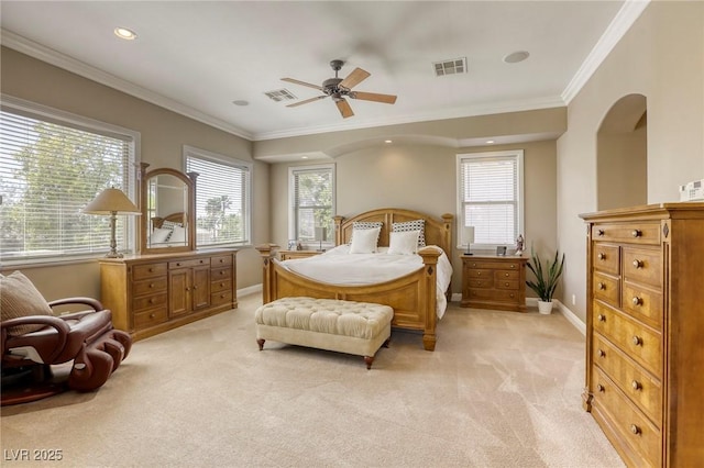 2008 Winter Wind St, Las Vegas, NV 89134 - bedroom with light colored carpet, multiple windows, crown molding, ceiling fan, and recessed lighting
