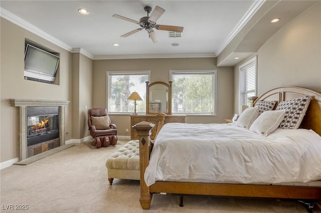 2008 Winter Wind St, Las Vegas, NV 89134 - carpeted bedroom featuring recessed lighting, crown molding, a fireplace, and a ceiling fan