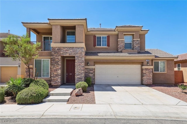 3609 Kingfishers Catch Ave, North Las Vegas, NV 89084 - prairie-style house with stucco siding, stone siding, an attached garage, and concrete driveway