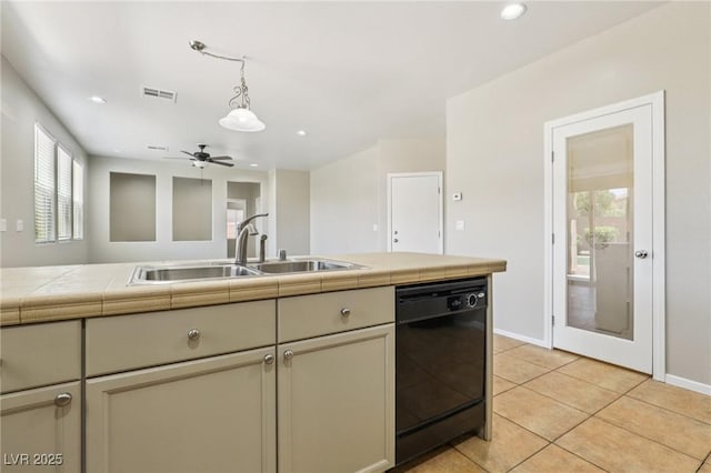 3609 Kingfishers Catch Ave, North Las Vegas, NV 89084 - kitchen featuring dishwasher, light tile patterned flooring, recessed lighting, decorative light fixtures, and a ceiling fan