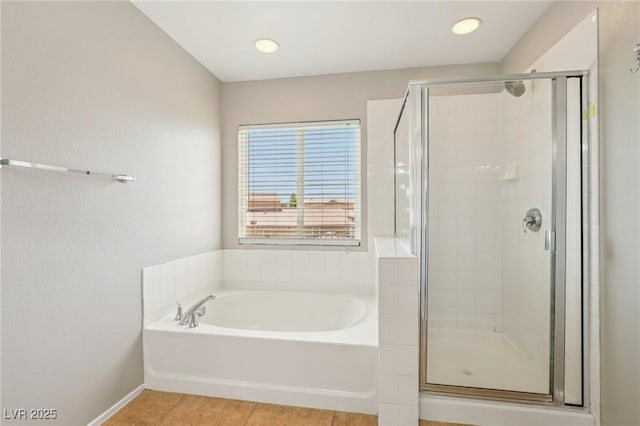 3609 Kingfishers Catch Ave, North Las Vegas, NV 89084 - full bath featuring a bath, a shower stall, tile patterned flooring, and recessed lighting