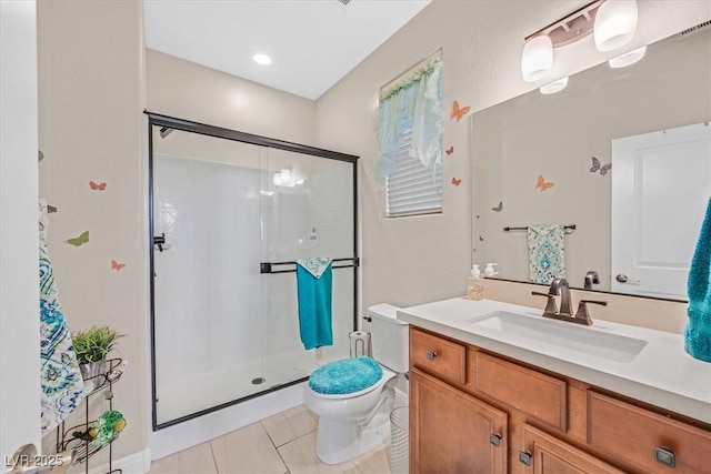 2194 Trivero St, Henderson, NV 89044 - bathroom with a shower stall, tile patterned floors, and vanity