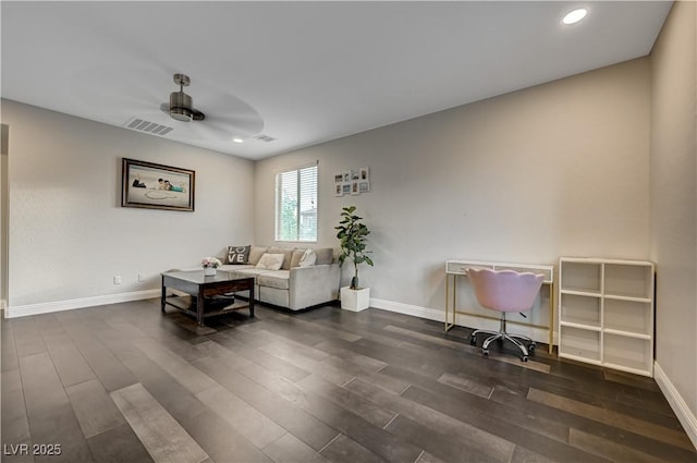 7311 Spring Flower Ave, Las Vegas, NV 89117 - living room with dark wood-style flooring, a ceiling fan, and recessed lighting