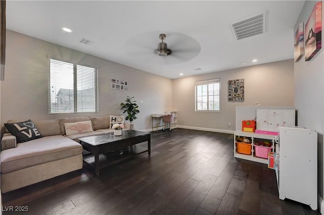 7311 Spring Flower Ave, Las Vegas, NV 89117 - living area with ceiling fan, dark wood-type flooring, and recessed lighting