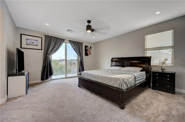 7311 Spring Flower Ave, Las Vegas, NV 89117 - bedroom featuring access to exterior, light carpet, a ceiling fan, and recessed lighting