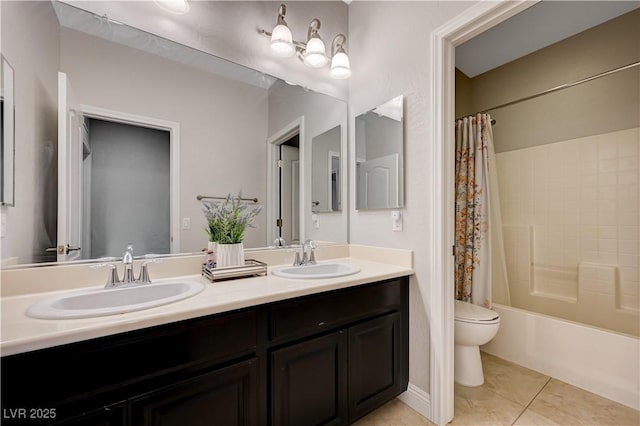 7311 Spring Flower Ave, Las Vegas, NV 89117 - bathroom with double vanity, shower / bath combo, and tile patterned flooring