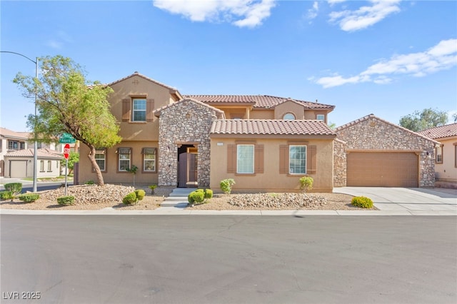 2755 Asgard Ave, Las Vegas, NV 89121 - view of front of property featuring stone siding, stucco siding, a tile roof, an attached garage, and driveway