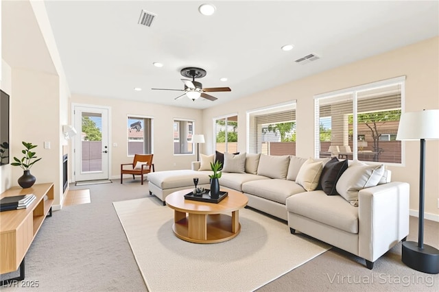 2755 Asgard Ave, Las Vegas, NV 89121 - carpeted living room with plenty of natural light, recessed lighting, and a ceiling fan