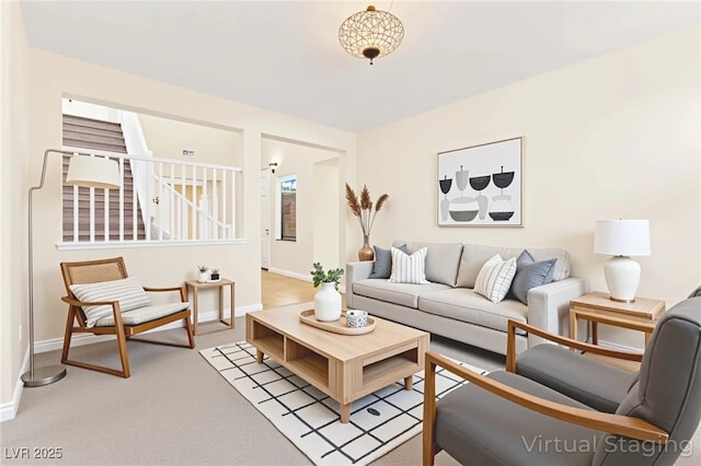 2755 Asgard Ave, Las Vegas, NV 89121 - living room with light carpet and stairs