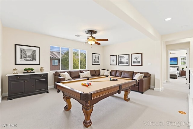2755 Asgard Ave, Las Vegas, NV 89121 - game room with ceiling fan, light carpet, pool table, and recessed lighting