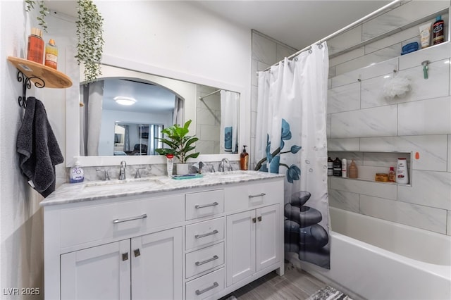 2990 Carnelian St, Las Vegas, NV 89121 - full bath featuring double vanity and shower / tub combo with curtain