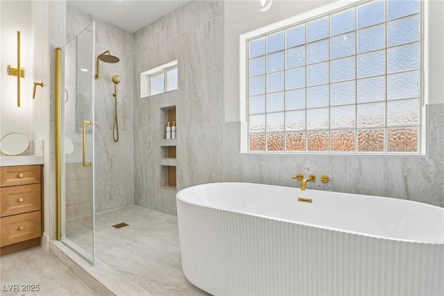 2469 Sun Reef Rd, Las Vegas, NV 89128 - bathroom with a stall shower, a freestanding bath, and vanity