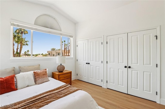 2469 Sun Reef Rd, Las Vegas, NV 89128 - bedroom with two closets, light wood-style floors, and vaulted ceiling