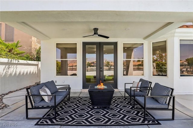 2469 Sun Reef Rd, Las Vegas, NV 89128 - view of patio with an outdoor living space with a fire pit, ceiling fan, and french doors