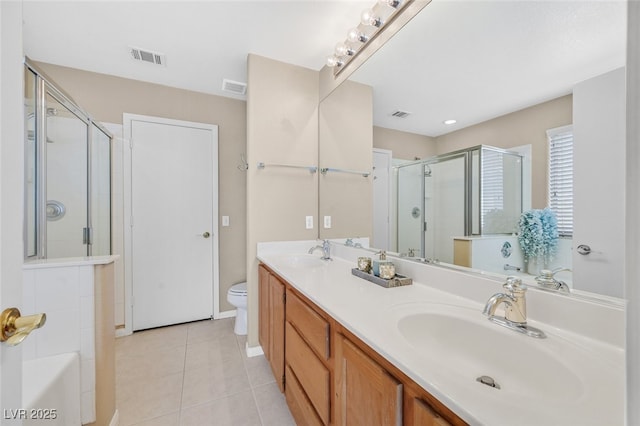 7920 Turtle Island Ct, Las Vegas, NV 89129 - bathroom with double vanity, a shower stall, a bath, and tile patterned floors