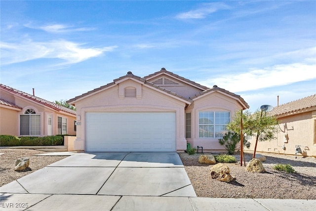 7920 Turtle Island Ct, Las Vegas, NV 89129 - view of front facade with concrete driveway, an attached garage, stucco siding, and a tiled roof