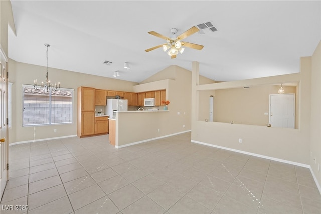 7920 Turtle Island Ct, Las Vegas, NV 89129 - unfurnished living room featuring light tile patterned floors, vaulted ceiling, ceiling fan, and a chandelier