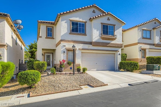 10413 Rising Harbor Ave, Las Vegas, NV 89129 - mediterranean / spanish-style home featuring stucco siding, an attached garage, a tiled roof, and concrete driveway