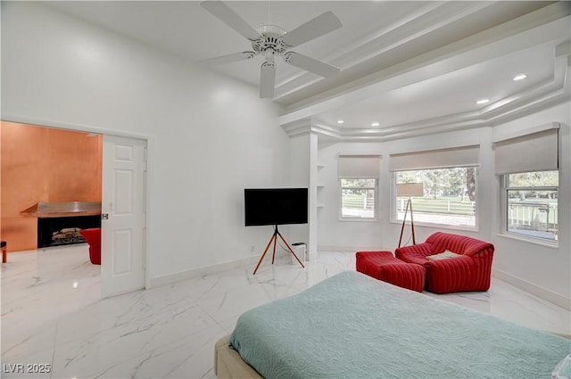 2851 Queens Courtyard Dr, Las Vegas, NV 89109 - bedroom with marble finish flooring, recessed lighting, a raised ceiling, and a ceiling fan