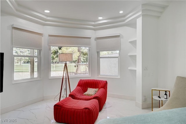 2851 Queens Courtyard Dr, Las Vegas, NV 89109 - bedroom featuring marble look tile flooring, multiple windows, a tray ceiling, and recessed lighting