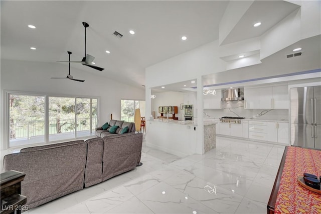 2851 Queens Courtyard Dr, Las Vegas, NV 89109 - living room featuring high vaulted ceiling, light marble finish flooring, ceiling fan, and recessed lighting